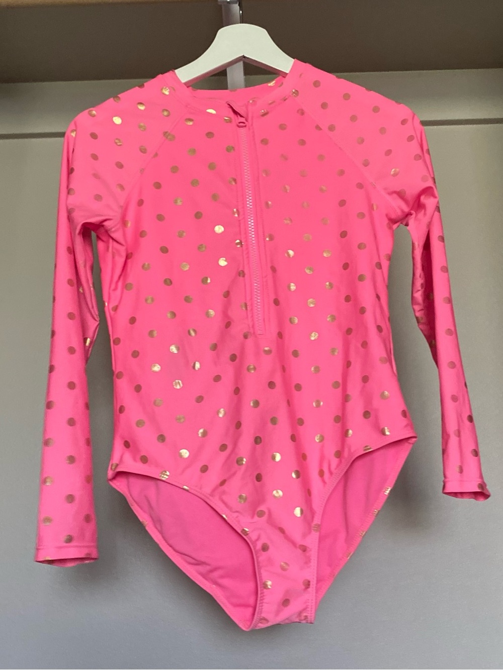 Girls' Long Sleeve Pink Polka Dot One-Piece Swim Suit